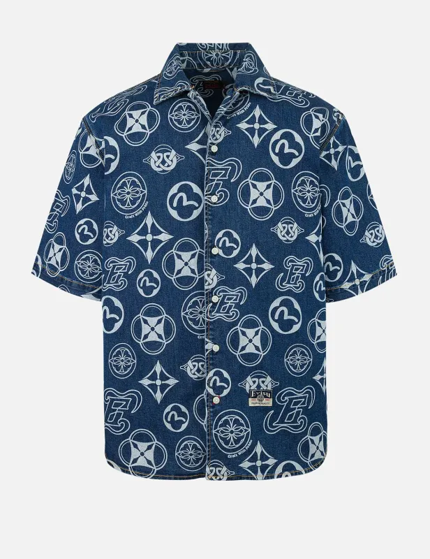 Allover Kamon Print Relax Fit Denim Short Sleeves Shirt sold by Evisu