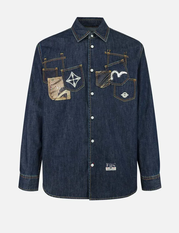 Multi-Pocket with Brocade Patch Relax Fit Denim Shirt sold by Evisu