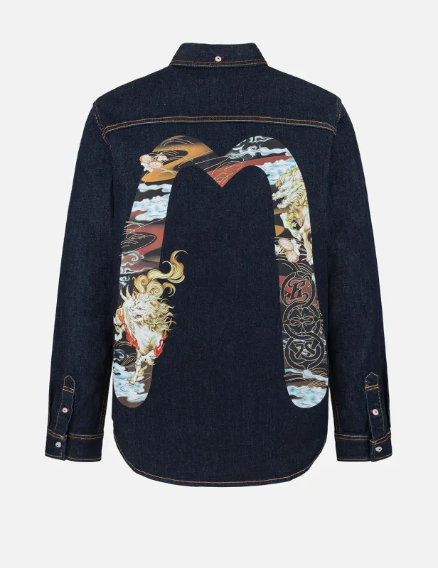 Hakutaku Daicock Printed Regular Fit Denim Shirt sold by Evisu