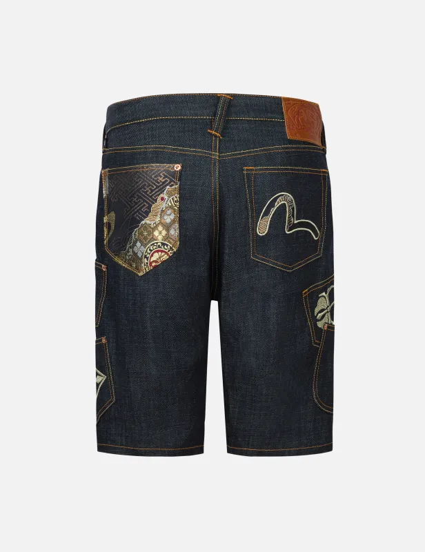 Multi-Pocket with Brocade Patch Regular Fit Denim Shorts sold by Evisu