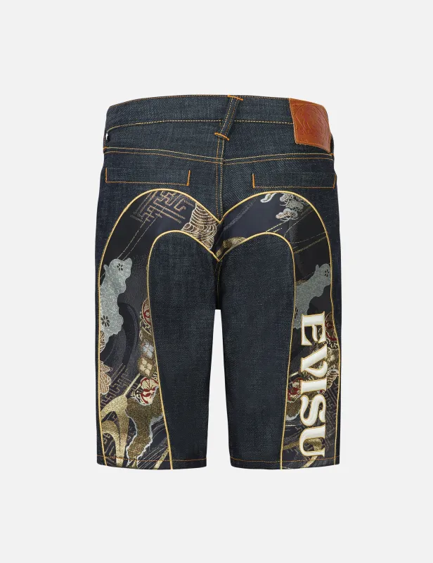 Brocade Daicock Appliqué and Logo Embrodiery Regular Fit Denim Shorts sold by Evisu