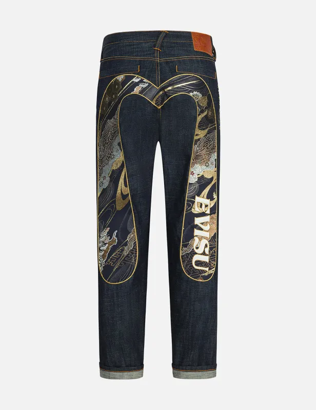 Brocade Daicock Appliqué Relax Straight Fit Jeans #2030 sold by Evisu