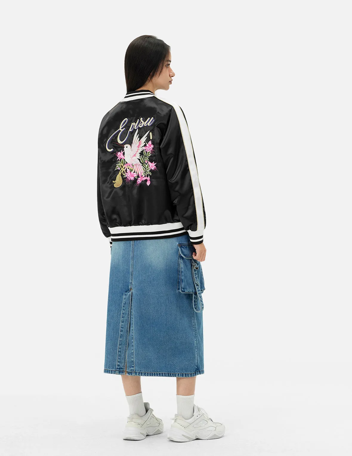 Hummingbird and Magnolia Flower Embroidery Loose Fit Souvenir Jacket sold by Evisu product image thumbnail 4