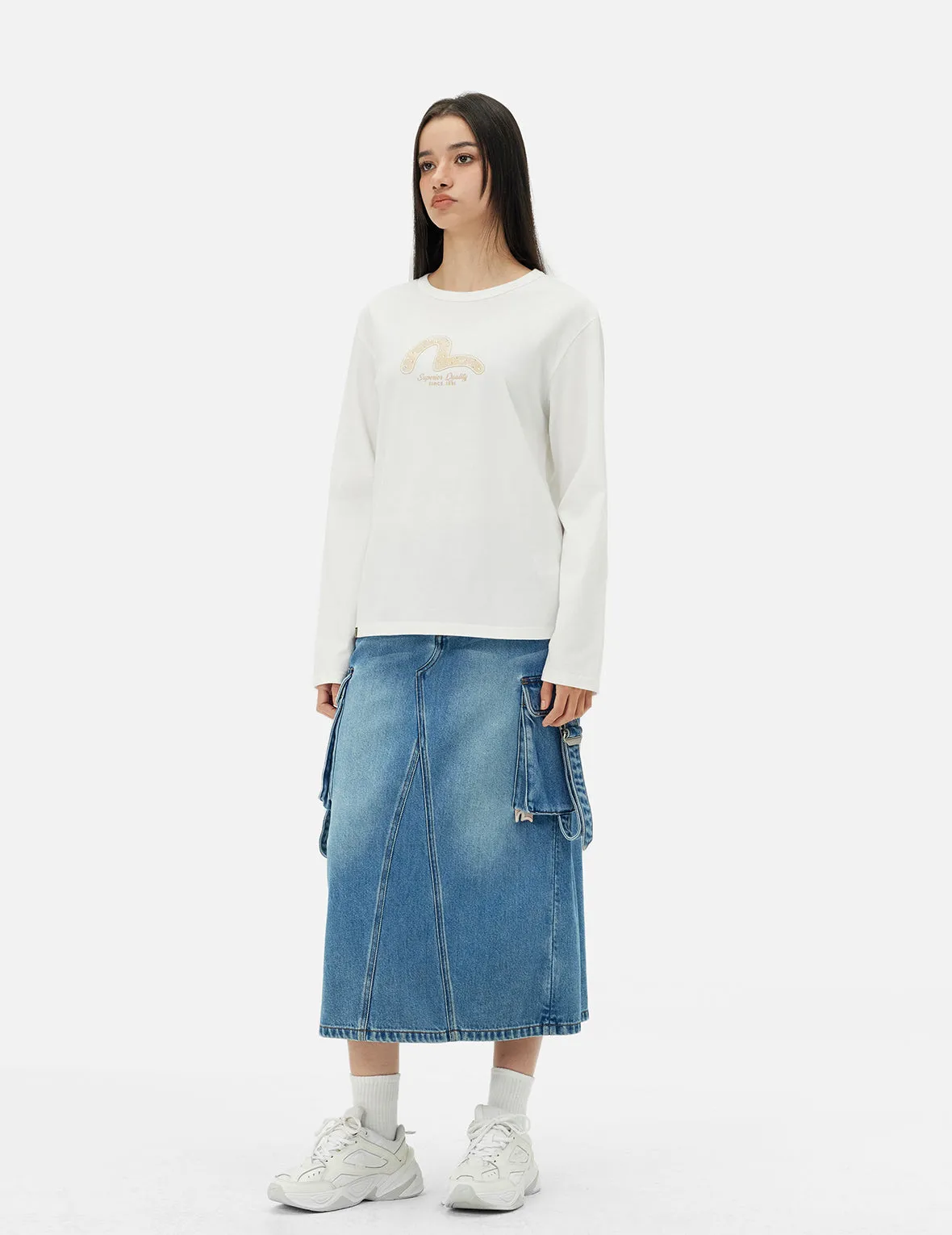 Deconstructed Inserted Seagull Embroidery Fashion Fit Denim Cargo Skirt sold by Evisu product image thumbnail 3