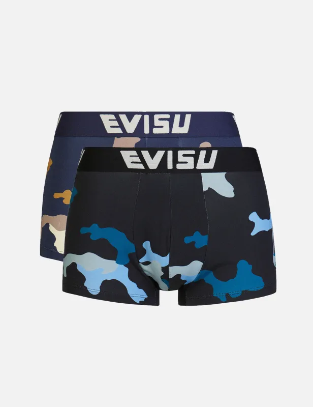 Two-Pack Allover Camouflage Print Trunks sold by Evisu