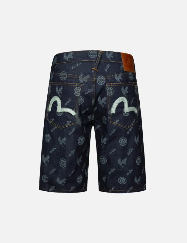 Allover Kamon and Eagle Print Denim Shorts sold by Evisu