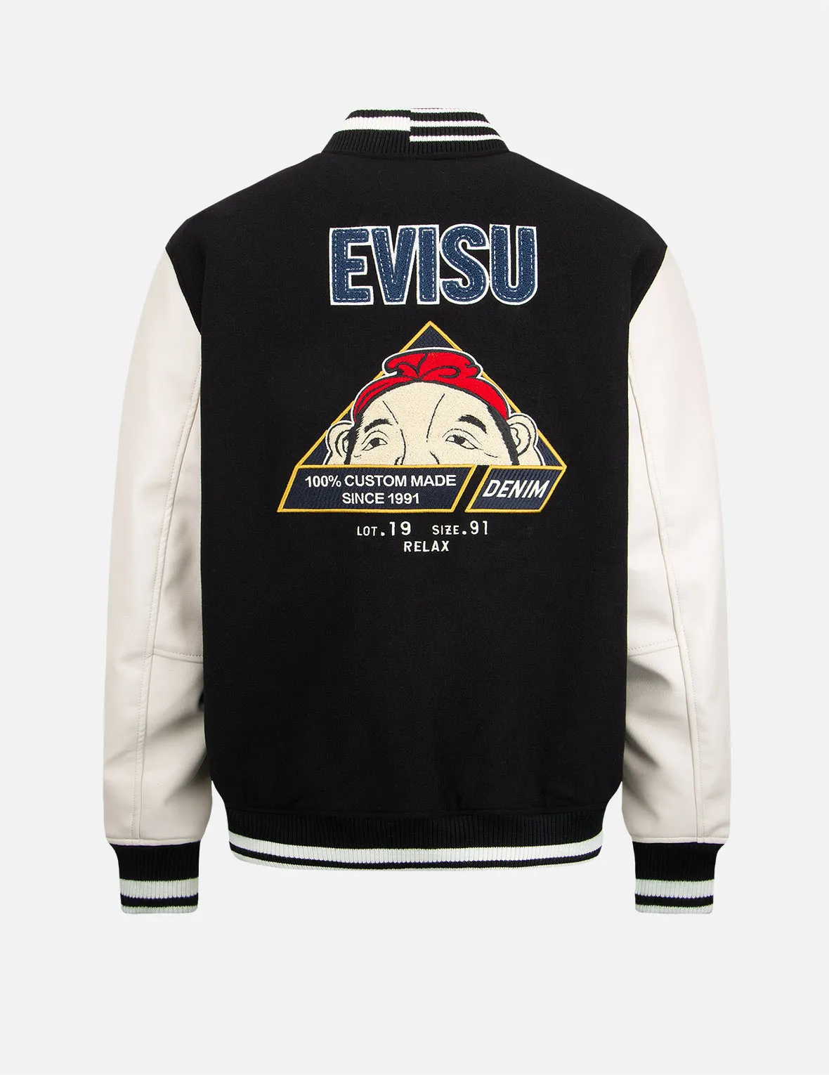 “Hide-and-Seek” Godhead Appliqué Baseball Jacket sold by Evisu