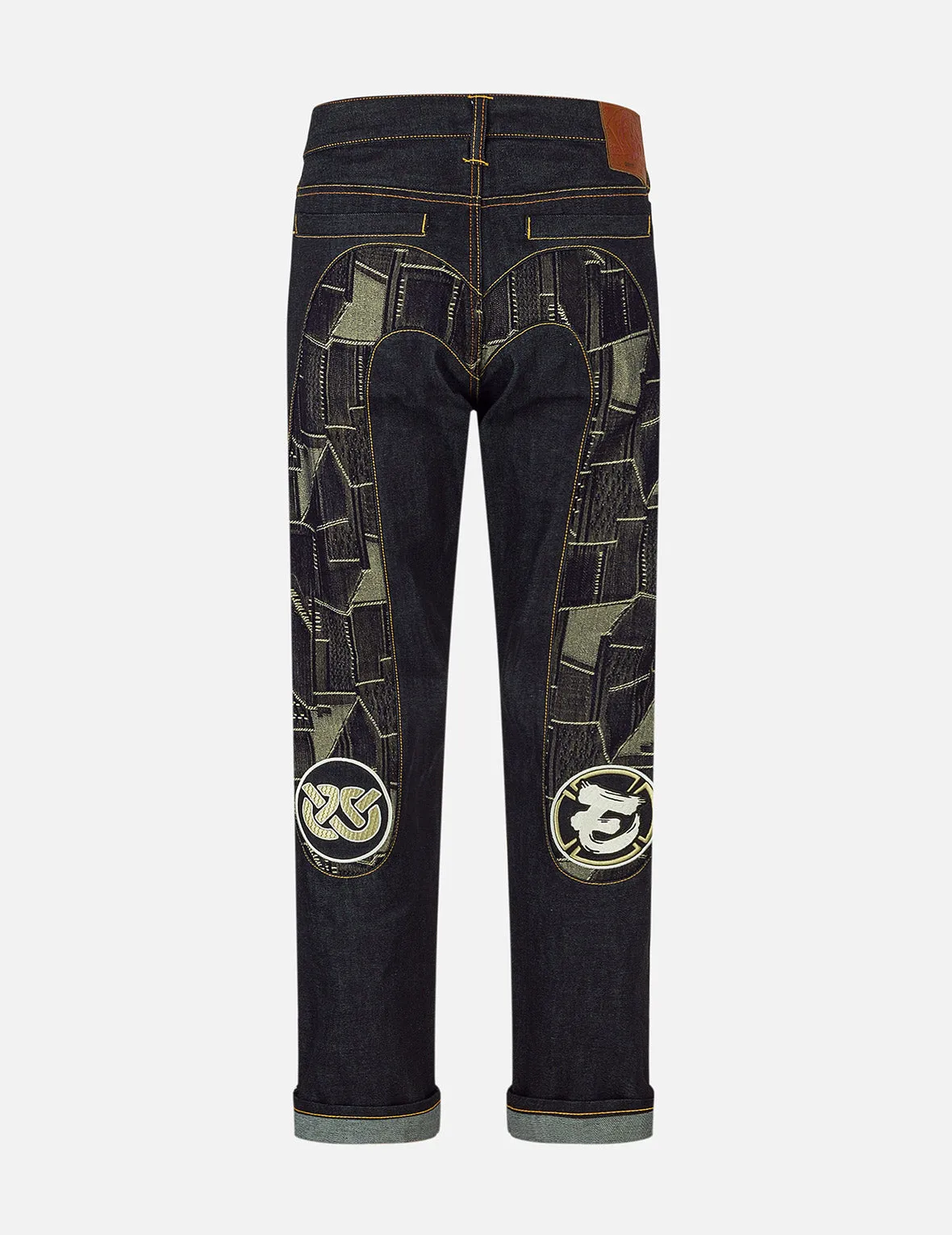 Patchwork Daicock Insert and Wheel Of Wisdom Embroidery Carrot Fit Jeans #2017 sold by Evisu