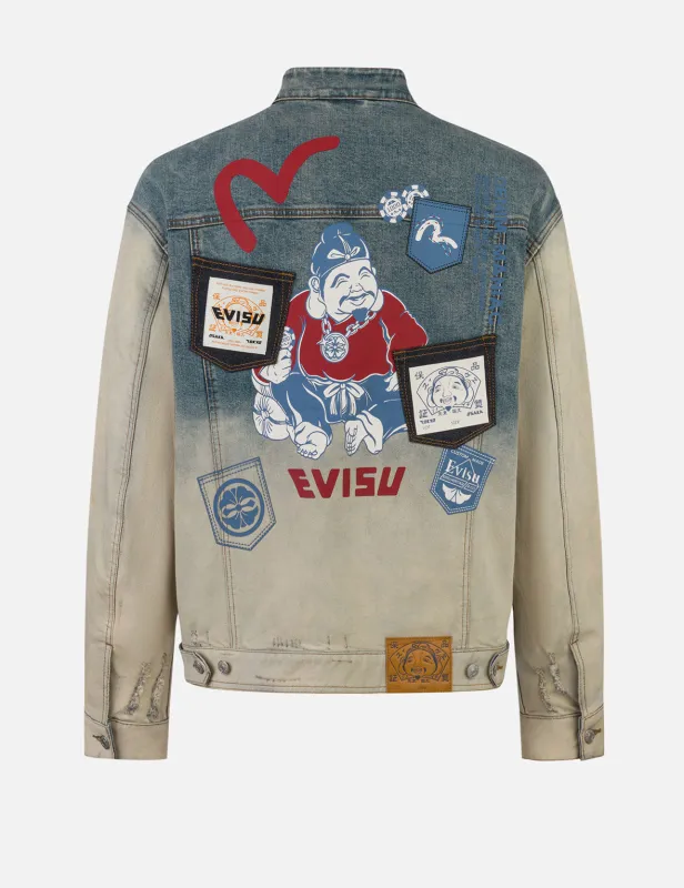 Ebisu Print and Multi-Pocket Loose Fit Biker Denim Jacket sold by Evisu