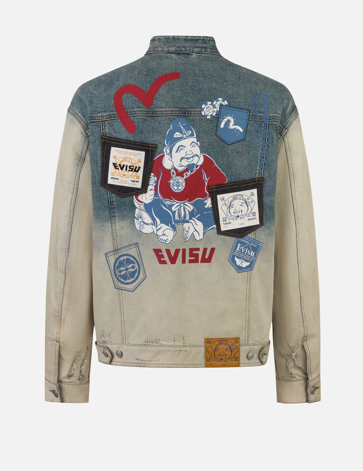 Ebisu Print and Multi-Pocket Loose Fit Biker Denim Jacket sold by Evisu