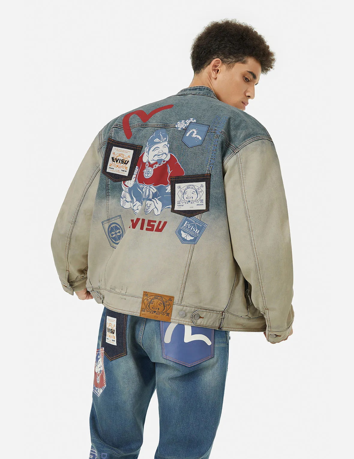 Ebisu Print and Multi-Pocket Loose Fit Biker Denim Jacket sold by Evisu product image thumbnail 5