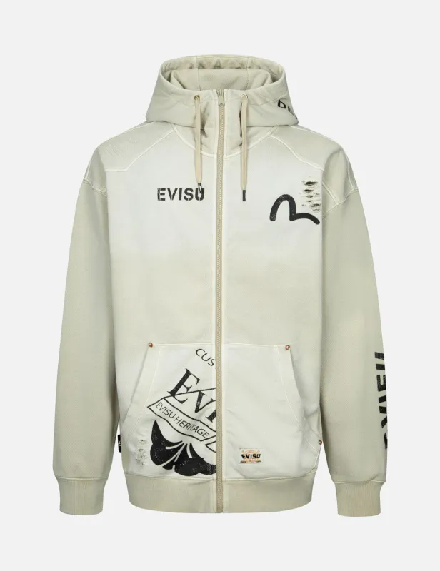 Multi Logos Print Loose Fit Washed Zip-Up Hoodie sold by Evisu
