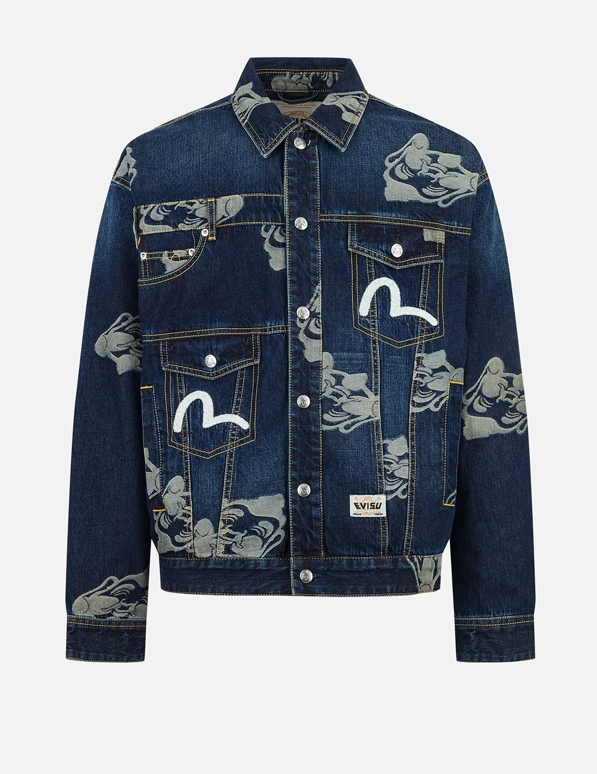 Allover Godhead Jacquard and Seagull Embroidery Loose Fit Deconstructive Denim Jacket sold by Evisu