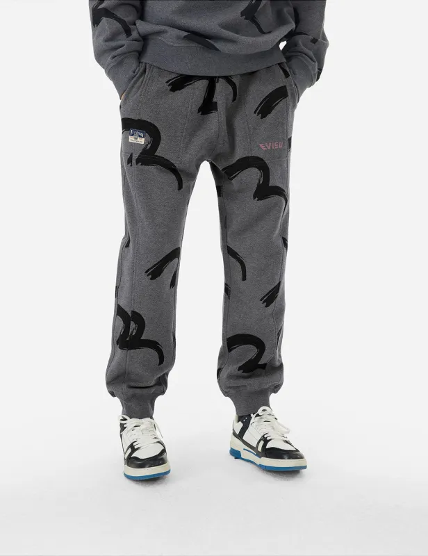 Allover Brushstroke Seagull and Logo Print Straight Fit Sweatpants sold by Evisu