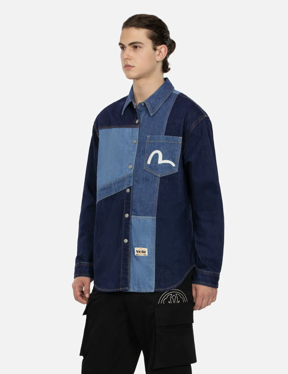 Patchwork with Seagull Embroidery Relax Fit Denim Shirt sold by Evisu product image thumbnail 5