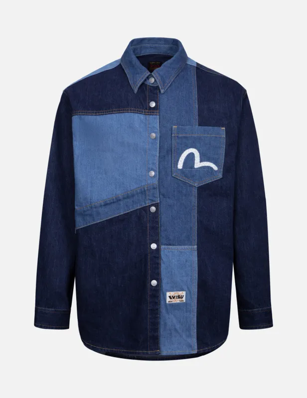 Patchwork with Seagull Embroidery Relax Fit Denim Shirt sold by Evisu