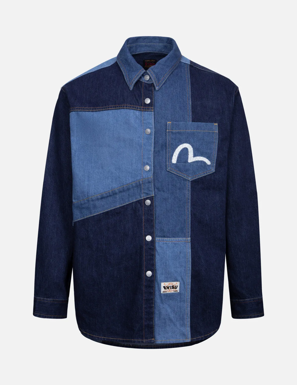 Patchwork with Seagull Embroidery Relax Fit Denim Shirt sold by Evisu