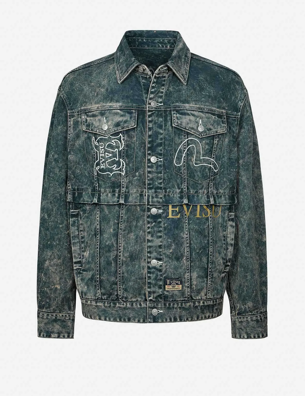 Multi-Print and Embroidery Acid-Wash Fashion Fit Denim Jacket sold by Evisu