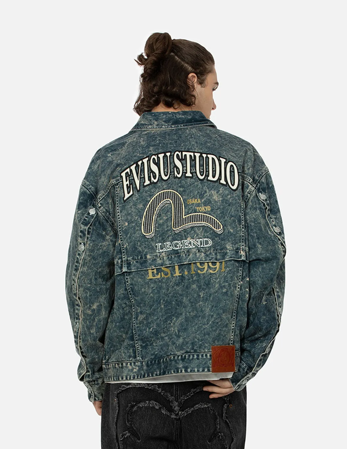 Multi-Print and Embroidery Acid-Wash Fashion Fit Denim Jacket sold by Evisu product image thumbnail 3