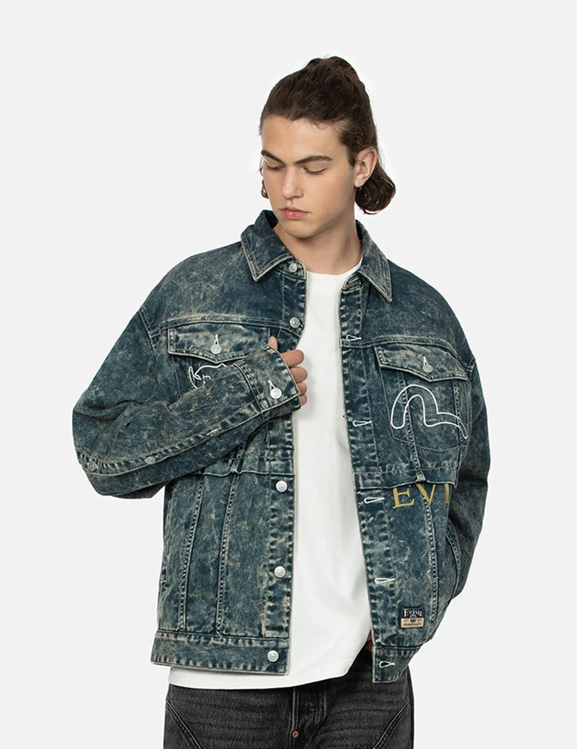 Multi-Print and Embroidery Acid-Wash Fashion Fit Denim Jacket sold by Evisu product image thumbnail 4