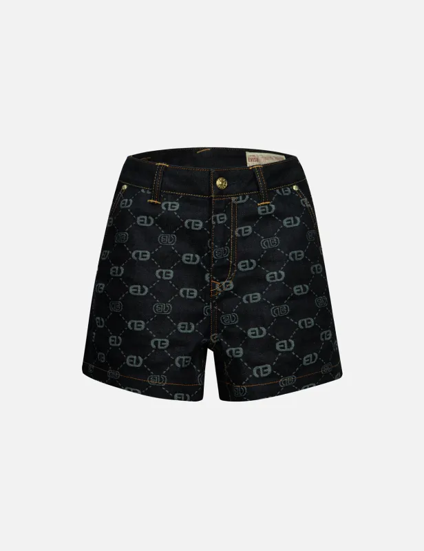Allover Logo Jacquard and Seagull Embroidery Loose Fit Denim Short made by Evisu