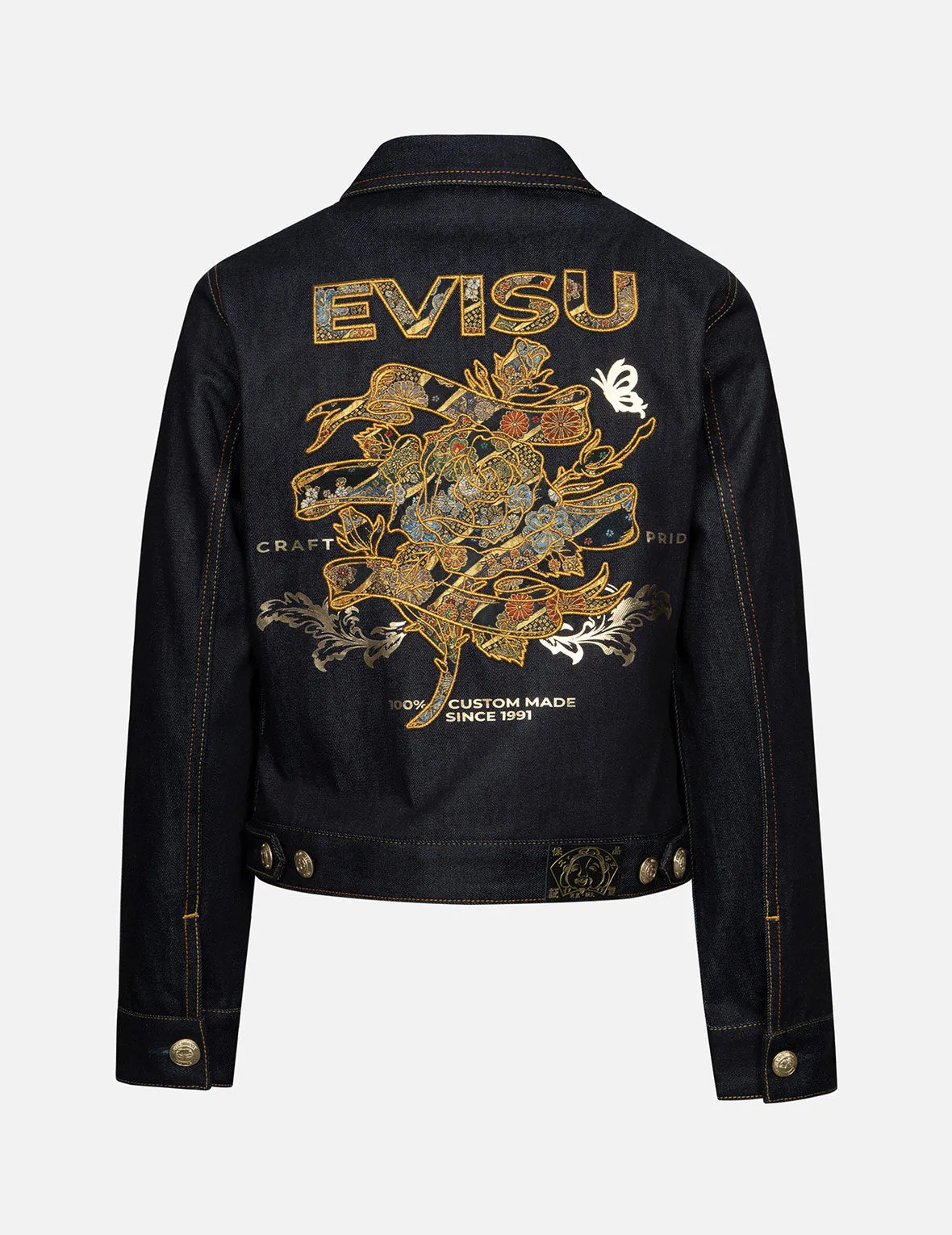 Brocade Rose and Logo Embroidery Regular Fit Denim Jacket sold by Evisu