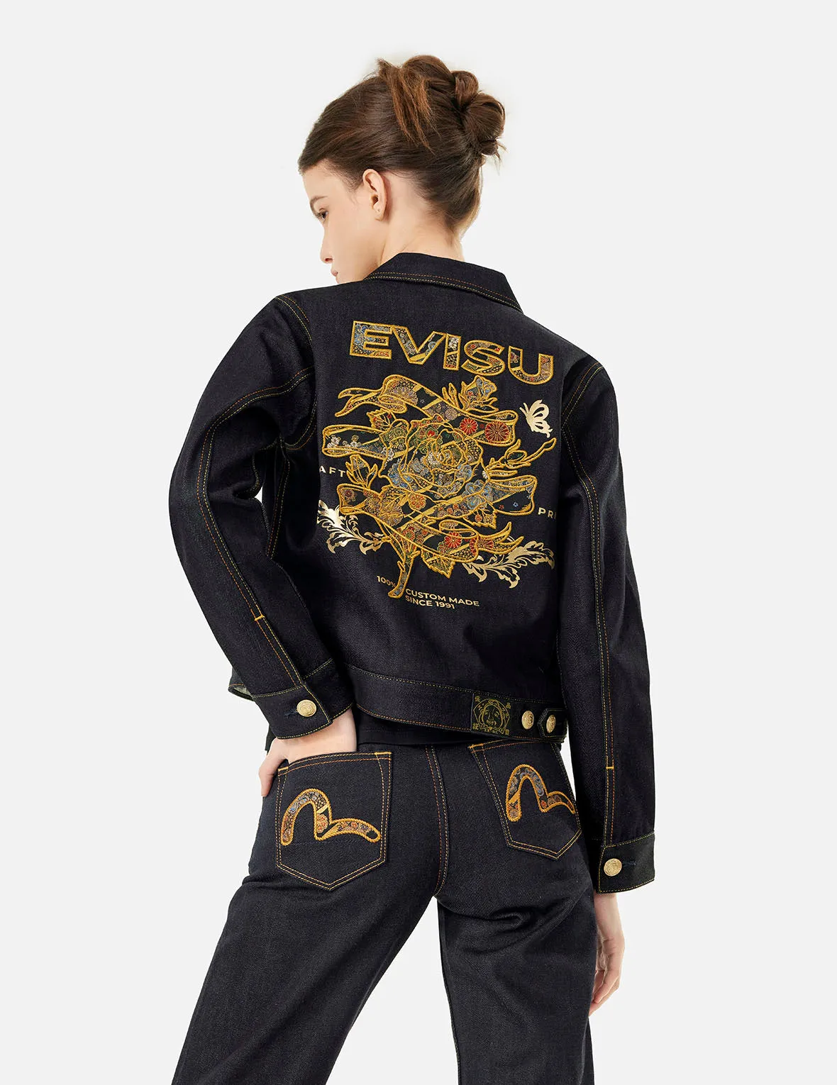 Brocade Rose and Logo Embroidery Regular Fit Denim Jacket sold by Evisu product image thumbnail 5
