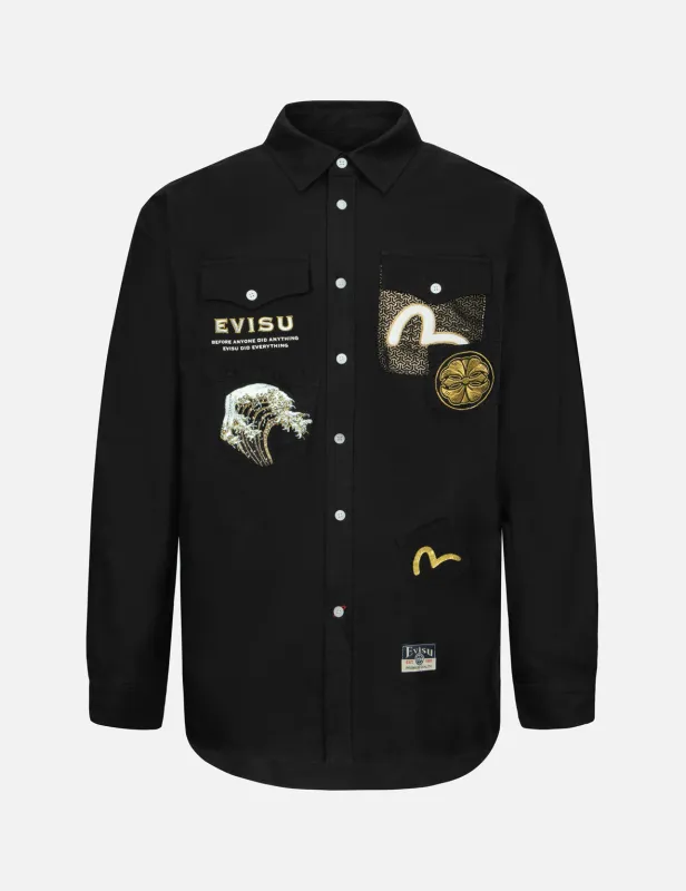 Multi-Pocket and Logo Patch Embroidered Relax Fit Shirt sold by Evisu