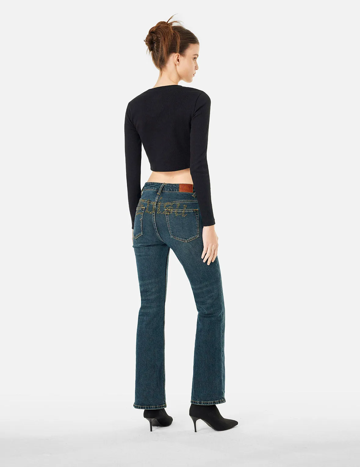 Washed Studs Embellished Logo Flare Fashion Fit Jeans sold by Evisu