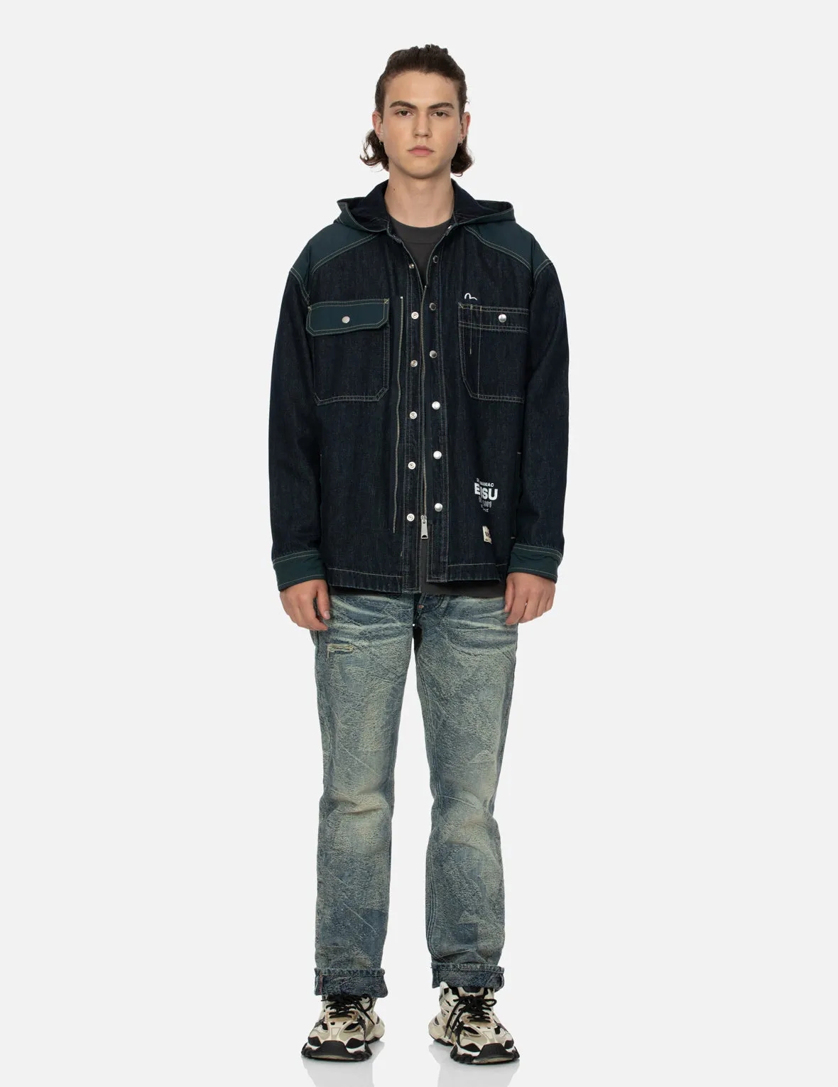 Logo Print Loose Fit Hooded Denim Shirt Jacket sold by Evisu product image thumbnail 5