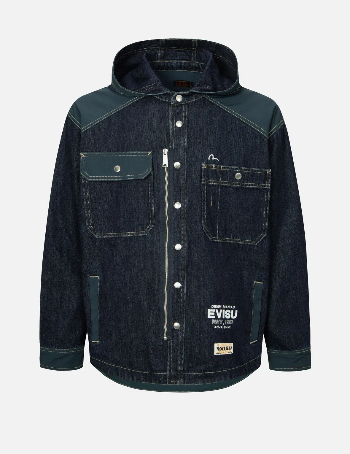 Logo Print Loose Fit Hooded Denim Shirt Jacket sold by Evisu