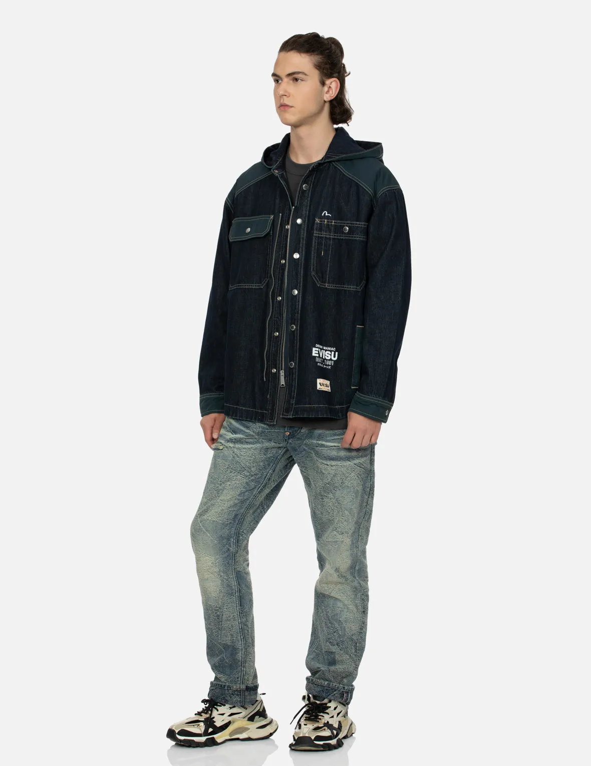Logo Print Loose Fit Hooded Denim Shirt Jacket sold by Evisu product image thumbnail 3