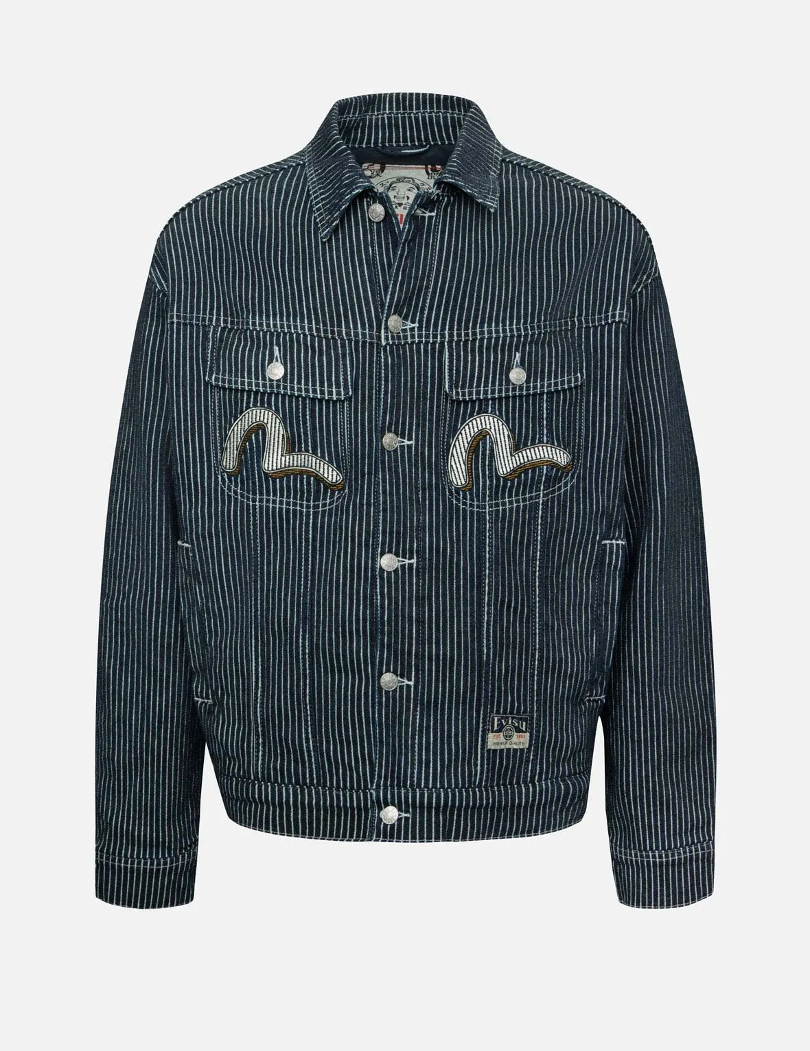 Seagull and Wheel of Wisdom Print Loose Fit Denim Jacket sold by Evisu