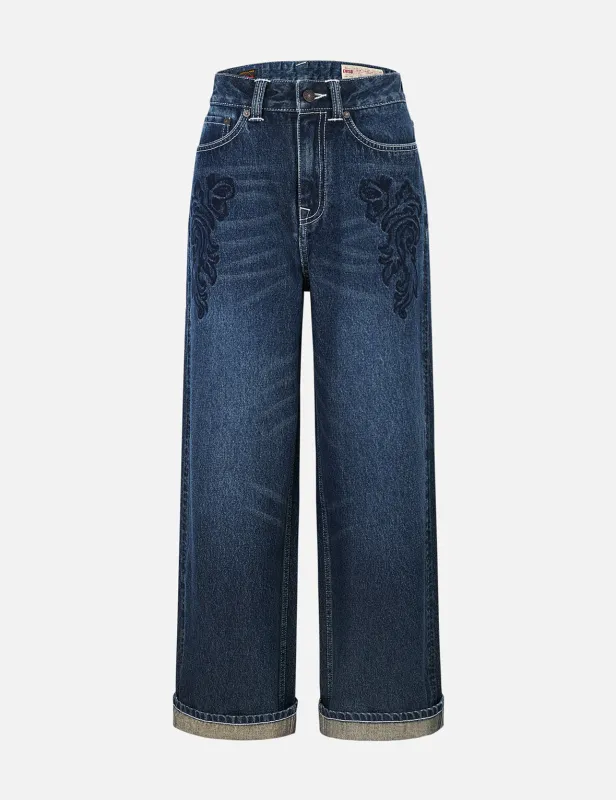 Butterfly and Seagull Embroidery Wide-leg Jeans sold by Evisu