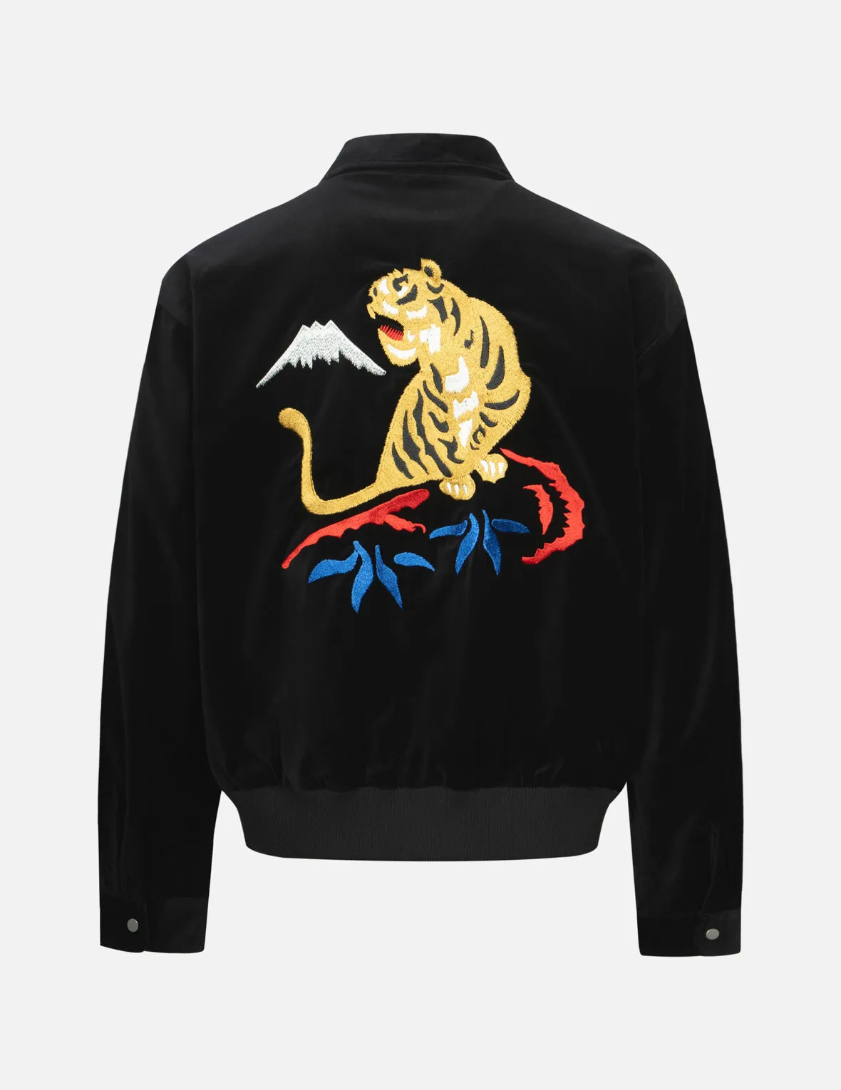 Tiger and Logo Embroidery Oversized Velvet Bomber Jacket sold by Evisu