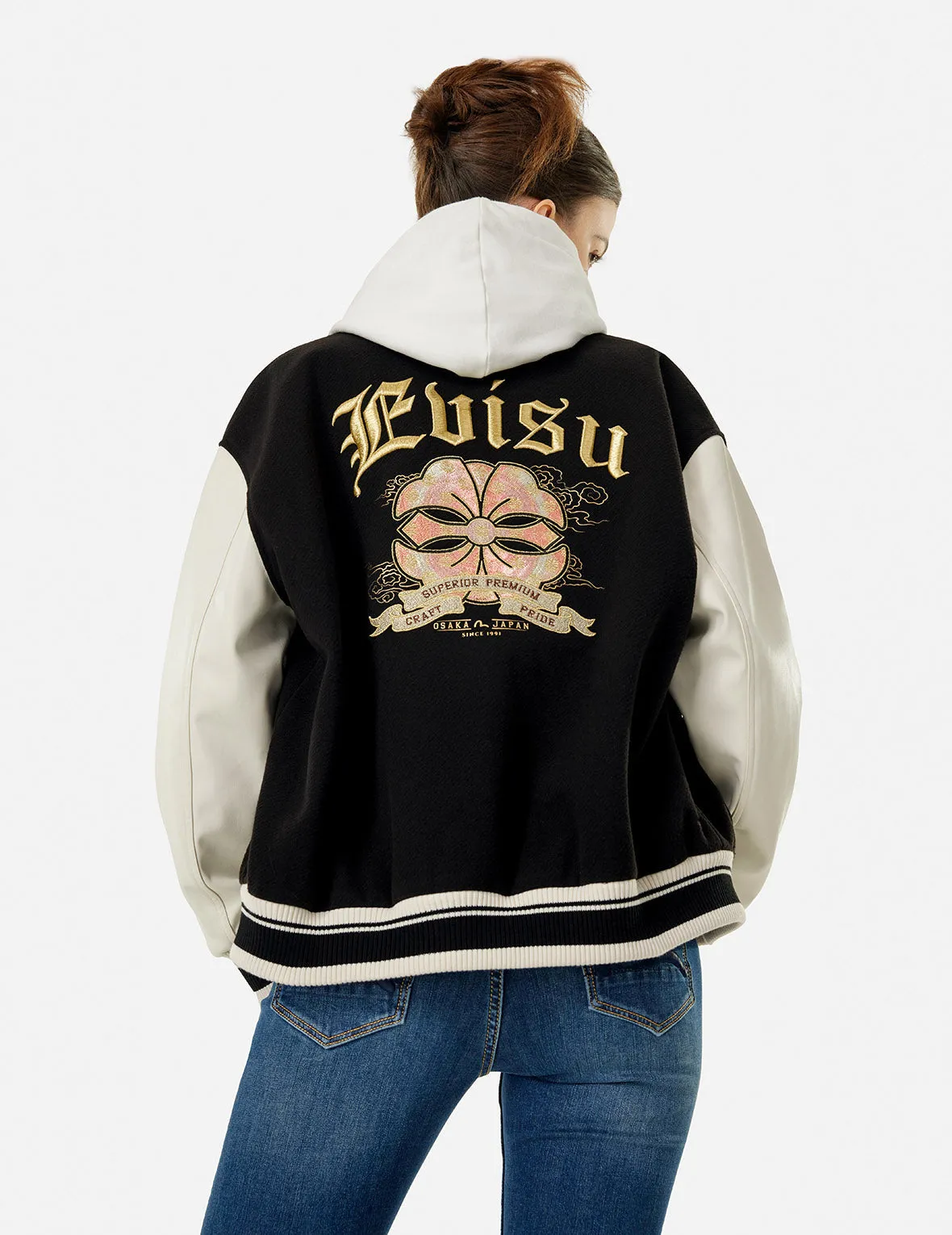 Kamon and Logo Embroidery Fashion Fit Varsity Jacket sold by Evisu