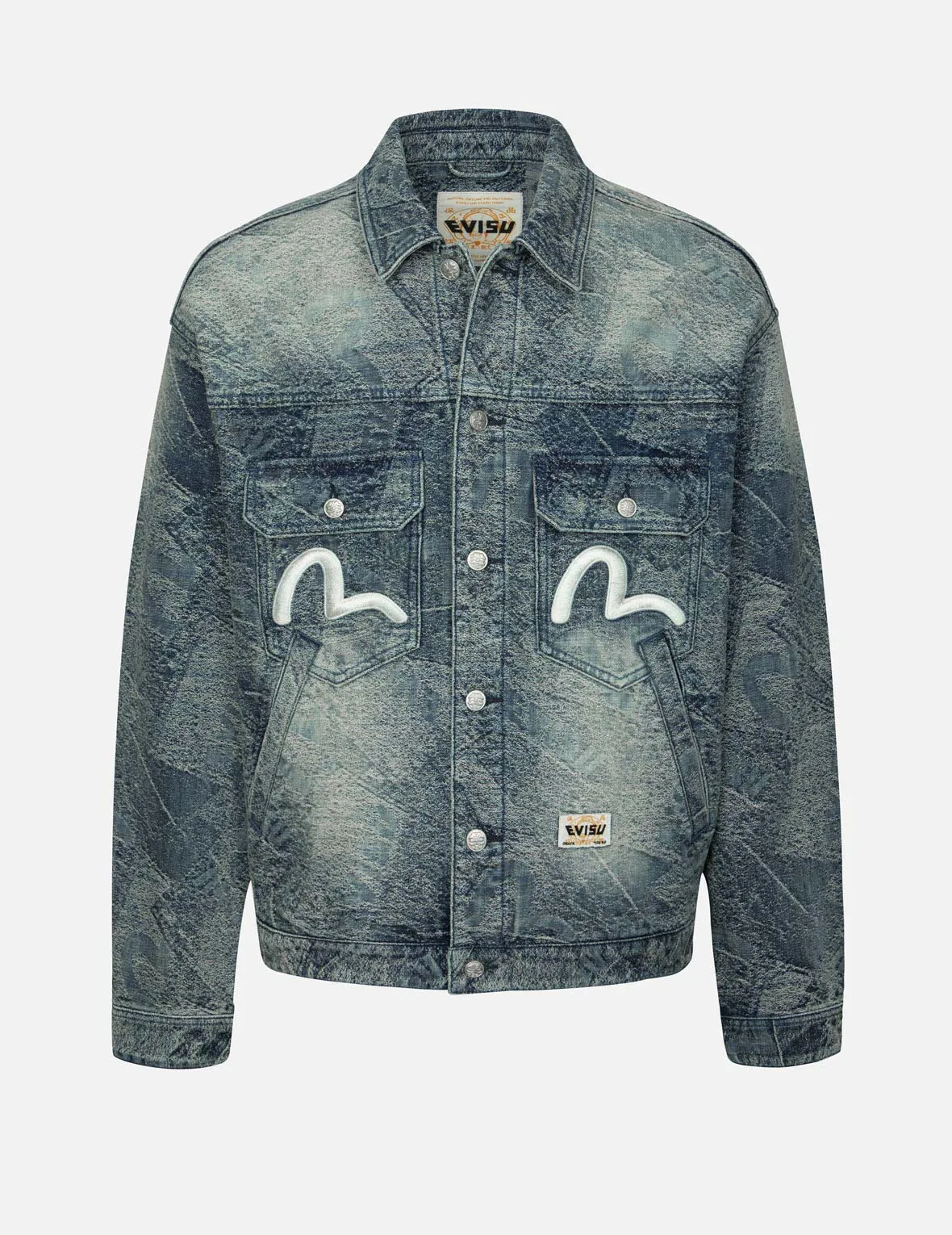 Allover Pocket Print and Seagull Embroidery Loose Fit Denim Jacket sold by Evisu