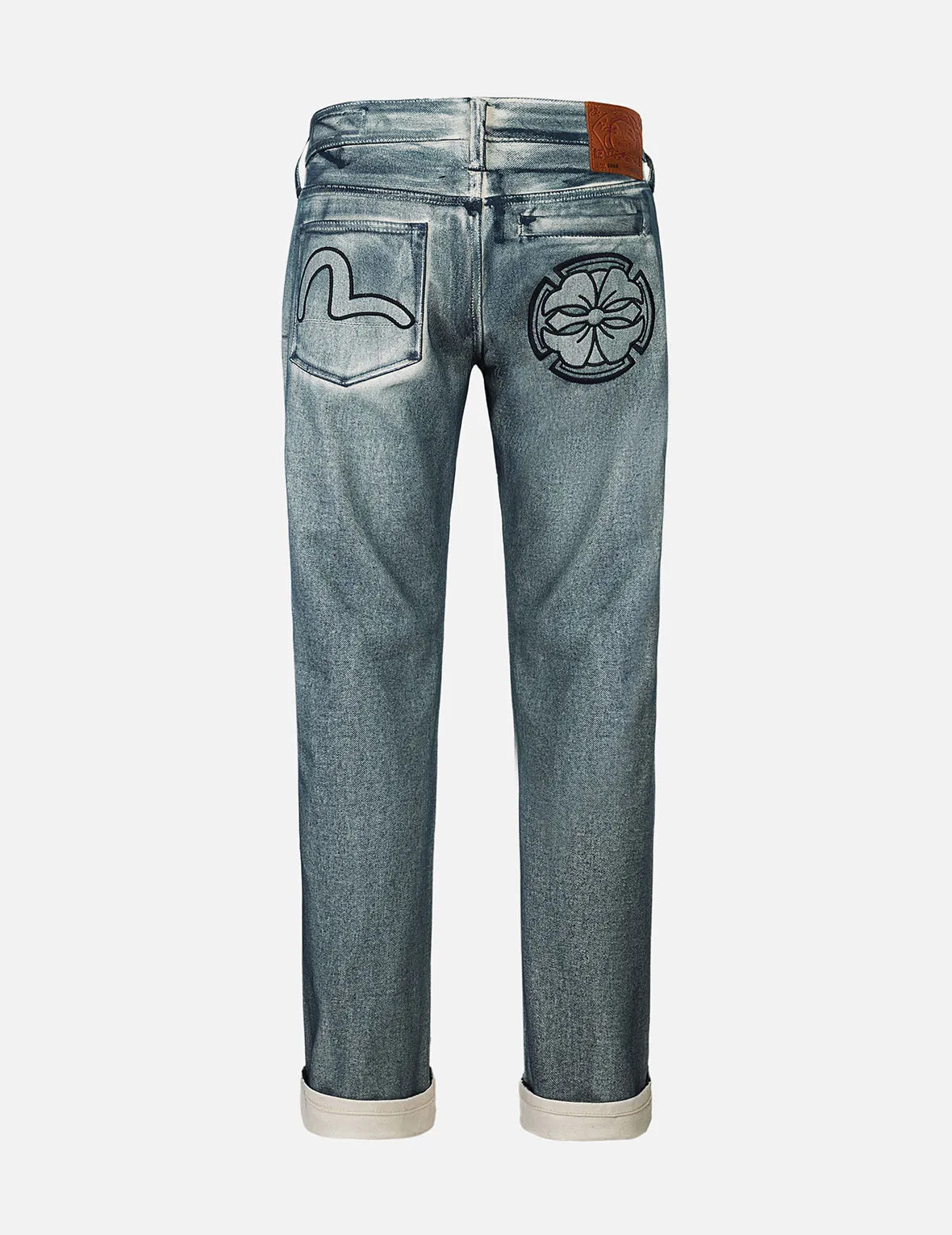 Kamon and Seagull Appliqué with Rubbing Print Regular Straight Fit Jeans #2008 sold by Evisu
