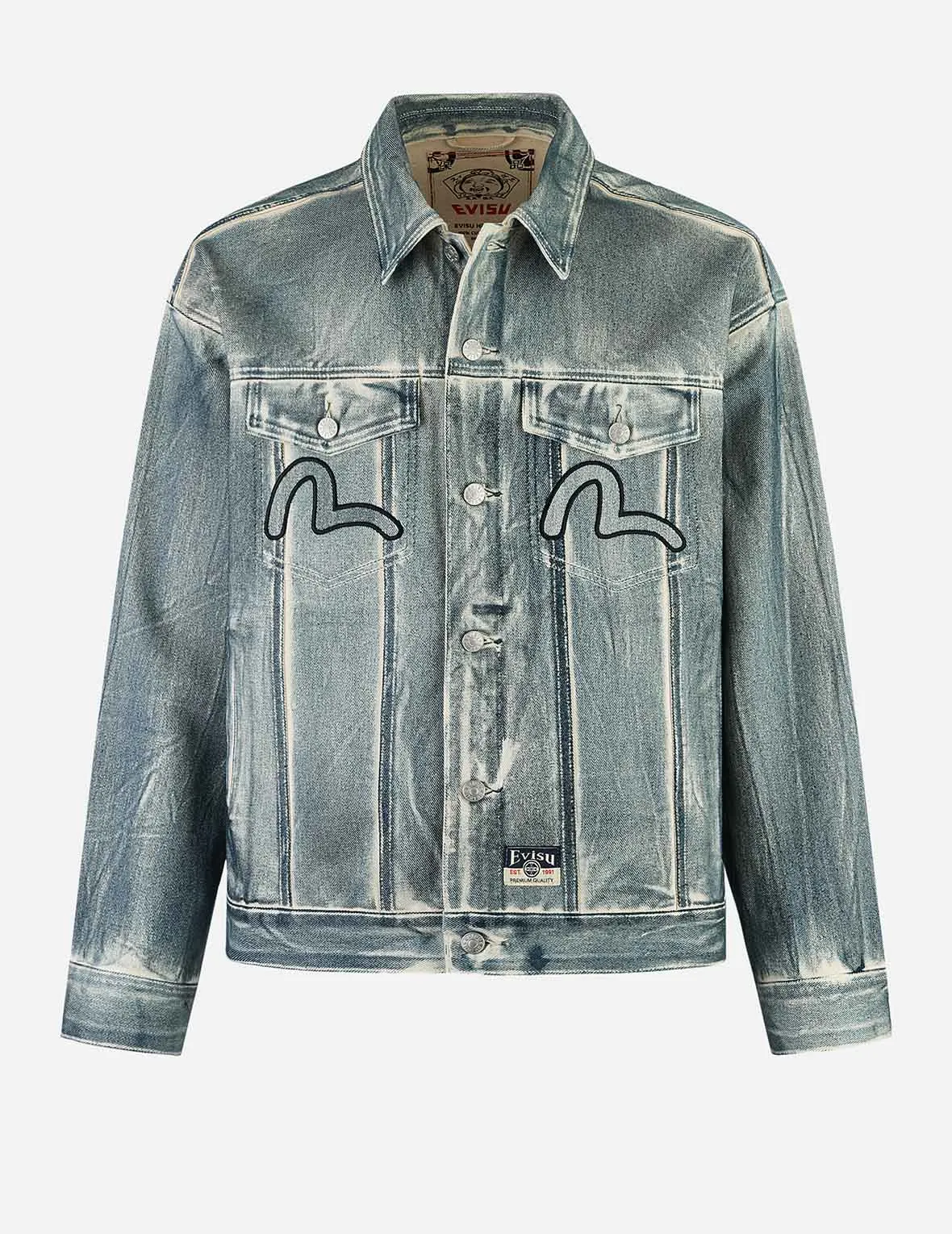 Kamon and Seagull Appliqué with Rubbing Print Fashion Fit Denim Jacket sold by Evisu