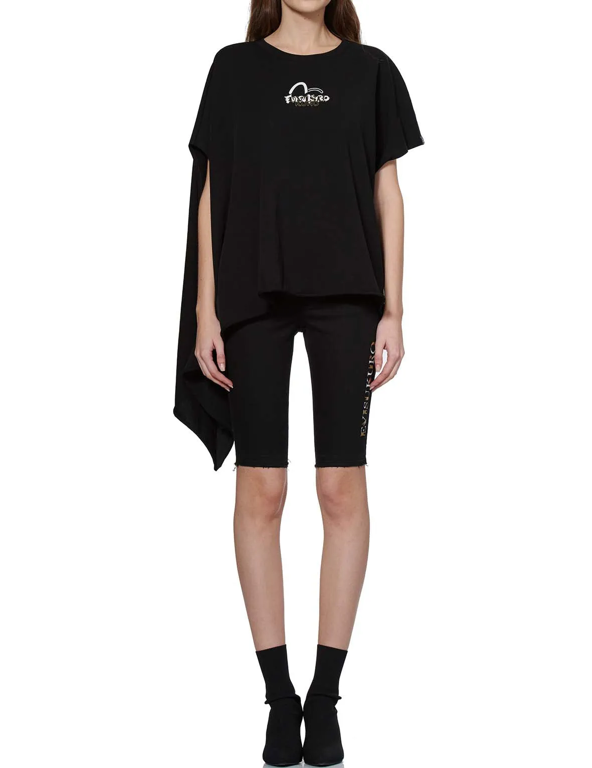 Slogan Print Asymmetric Sleeve T-shirt sold by Evisu