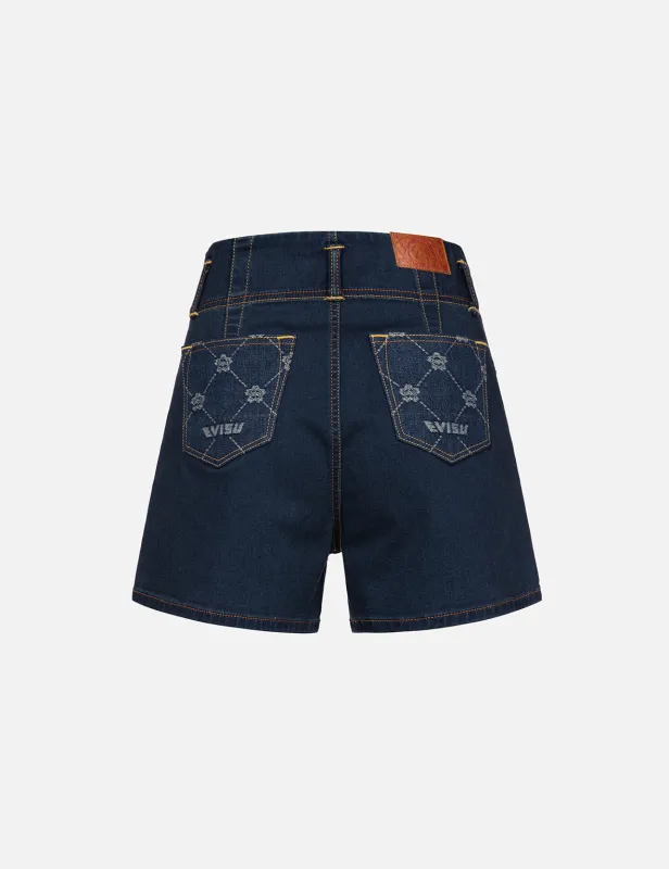 Allover Kamon Pattern Pockets High Waist Denim Shorts sold by Evisu