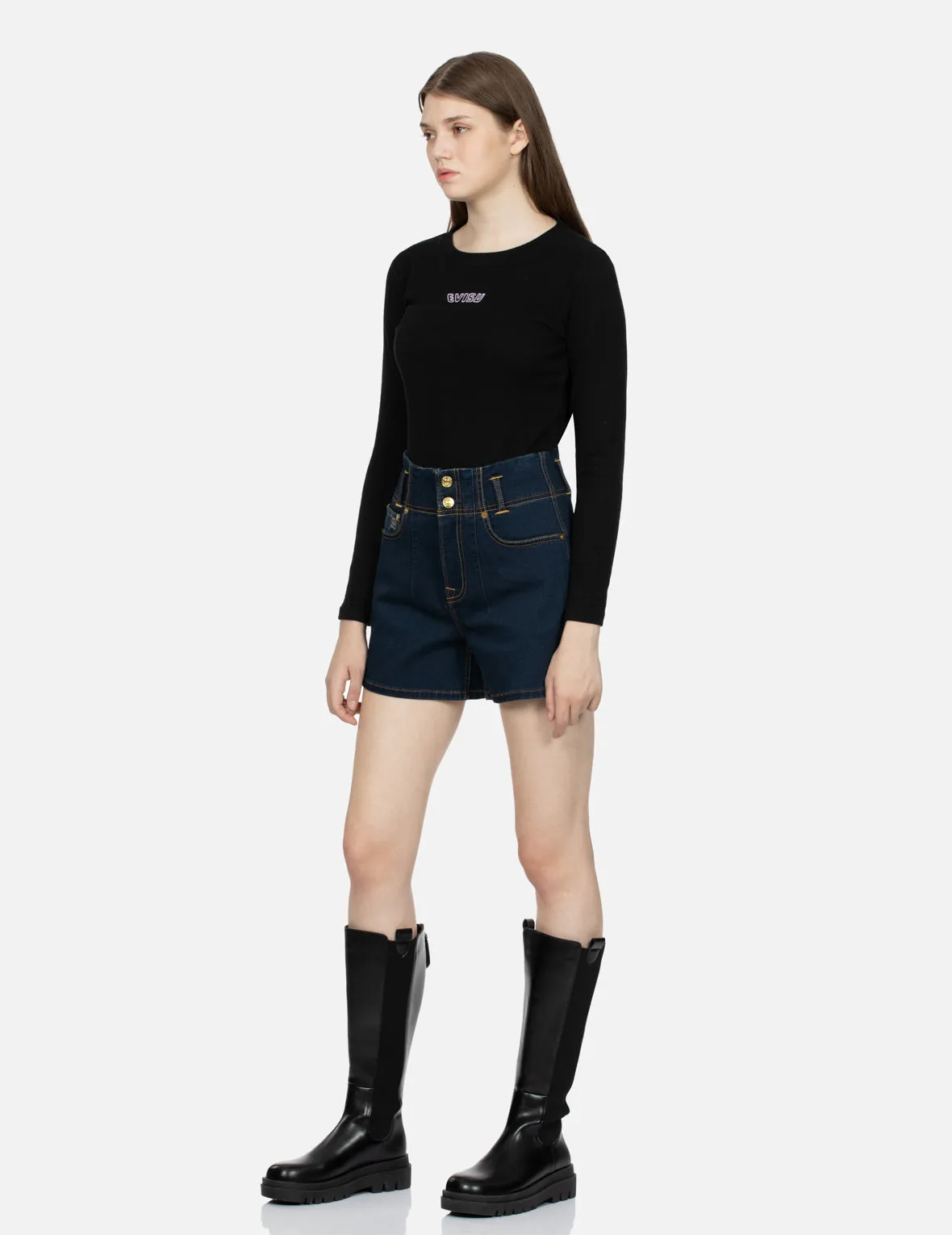 Allover Kamon Pattern Pockets High Waist Denim Shorts sold by Evisu product image thumbnail 4