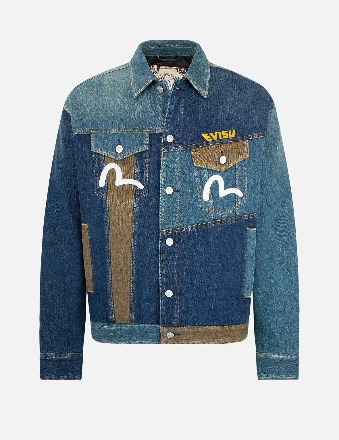 Deconstruction Fabric Blocking Denim Jacket sold by Evisu