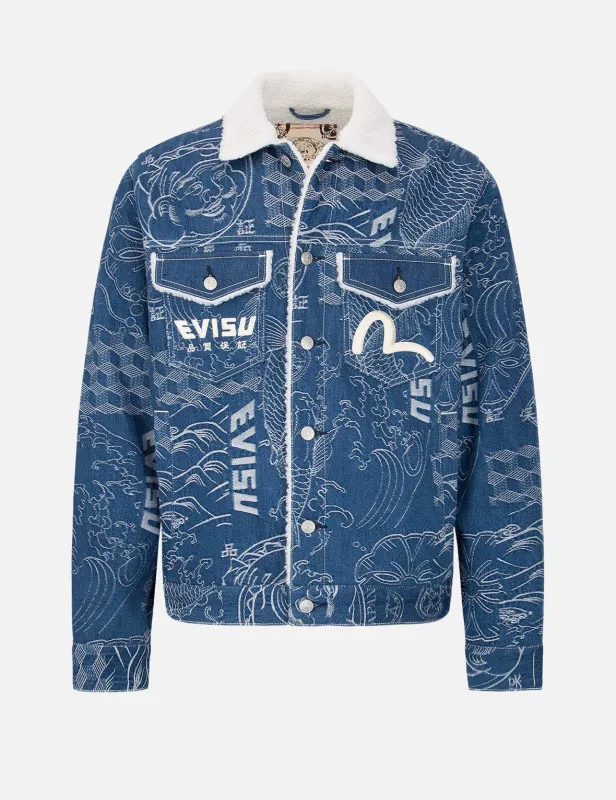 Allover Japanese Pattern Jacquard Sherpa-Lined Denim Jacket sold by Evisu