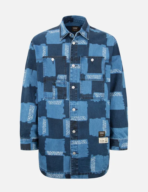 Allover Check Pattern Print Denim Shirt Jacket sold by Evisu