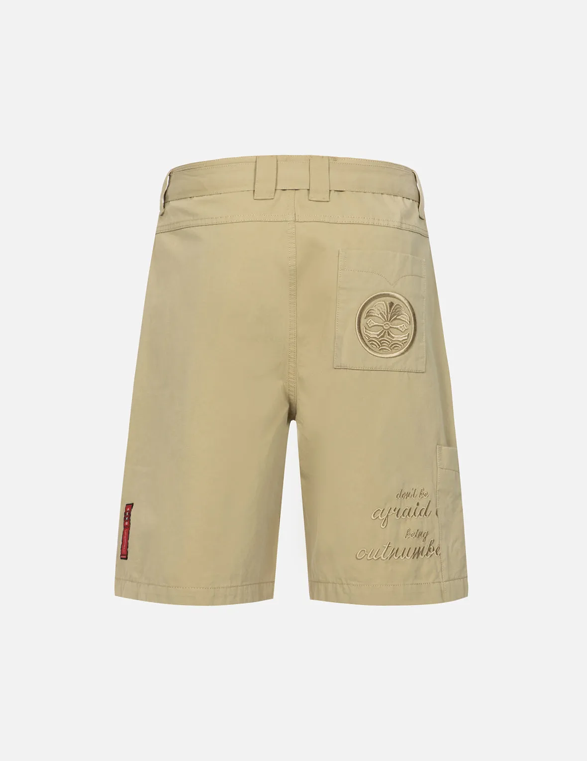 Tone-on-tone Kamon and Slogan Embroidery Cargo Shorts sold by Evisu