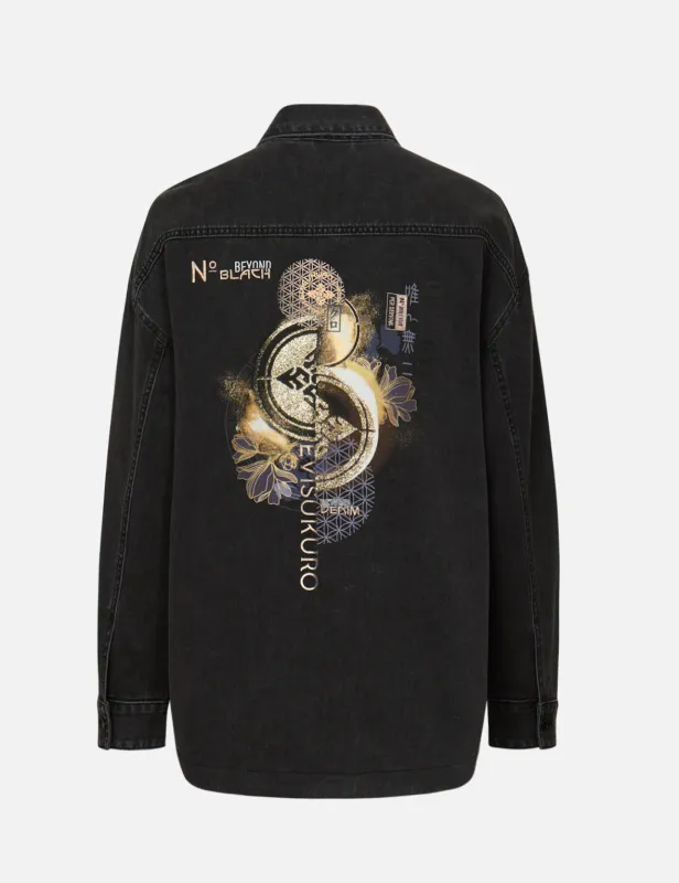 Kamon Glitter Print Oversize Denim Shirt Jacket sold by Evisu