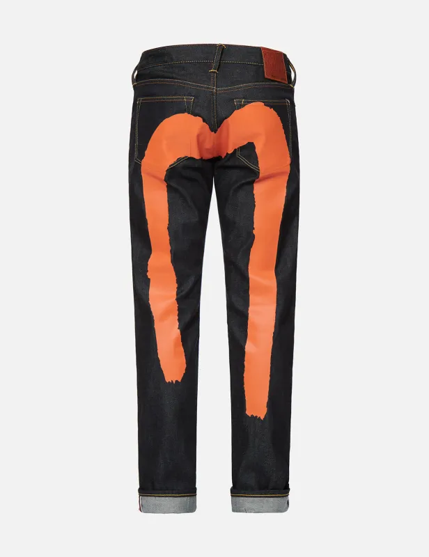 Orange Brushstroke Daicock Slim Straight fit Jeans #2010 sold by Evisu