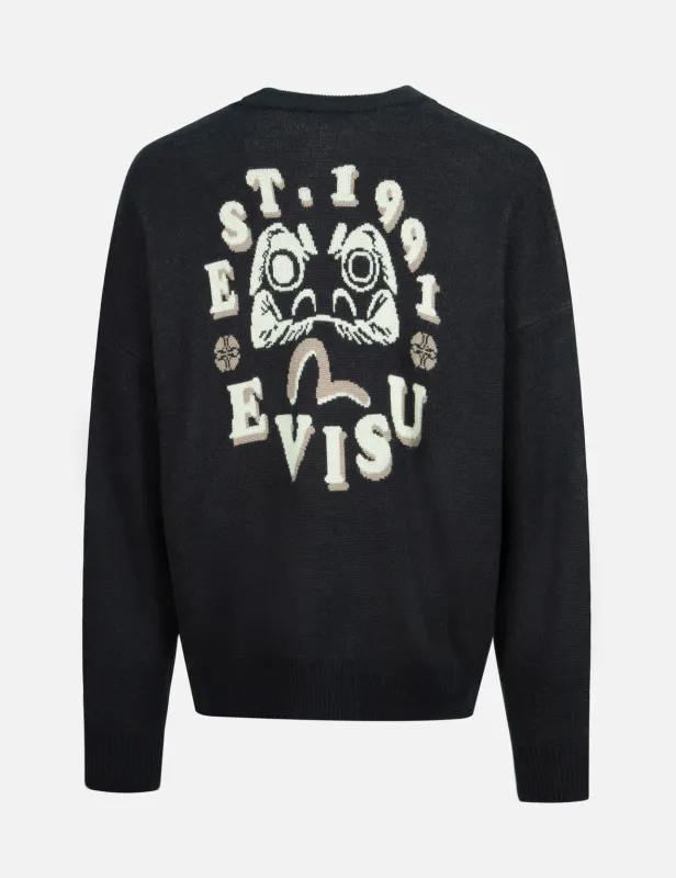 Seagull and Daruma Intarsia Relax Fit Knit Sweater made by Evisu