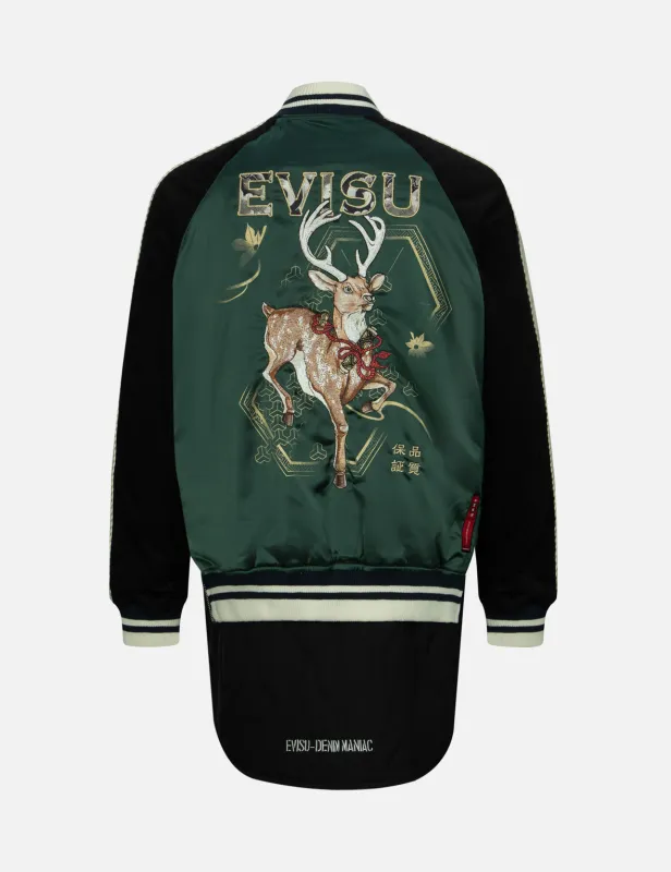 Rhinestone Patchwork Deer and Logo Embroidery Loose Fit Souvenir Jacket. sold by Evisu